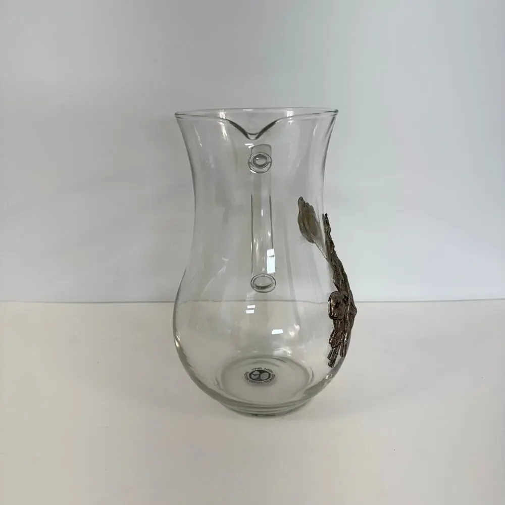 Arthur Court Clear Glass Pitcher with Aluminum Flower Bunny Rabbit Design